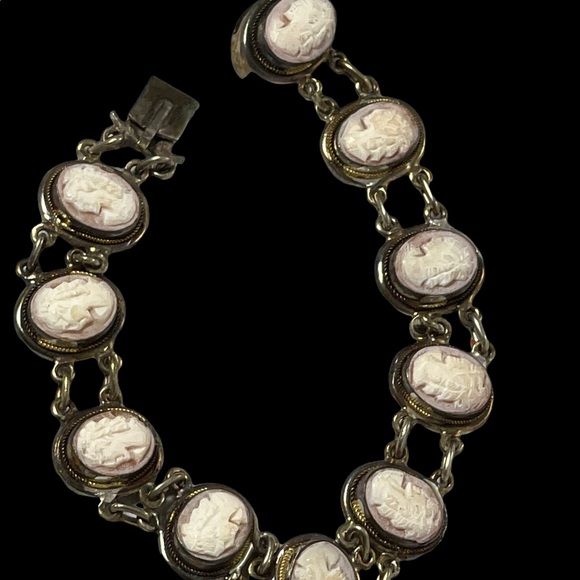 Vintage 800 Silver shell Cameo link bracelet appx 1930s - Picture 6 of 10
